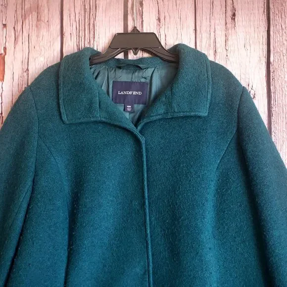 Land's End Vintage Wool Coat Y2K Green Button Snap 16W Womens 90s - Picture 2 of 5